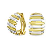 Geometric Modern Curved Half Hoop Classic Vertical Stripe Two Tone Dome Clip On Earrings For Women Non Pierced Ears Gold Silver Plated