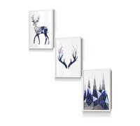 Geometric Navy Blue Grey Stags Set Framed Wall Art - Small ARTZE White W33cm x H45cm x D20mm
