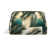 Geometric Palm Leaf Makeup Bag Travel Toiletry Bag for Women PVC Leather | Full-print Design With Inner Sponge Padding And 3 Slip Pockets, Keeps Cosmetics Neatly Sorted For Home And Travel Scenarios.
