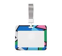 Geometric Patchwork Art Id Badge Holder with Lanyard-Horizontal Card Protector, Clear Abs Hard Shell for Work Office Events