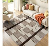 Geometric Patchwork Washable Rugs Living Room 120 x 180 cm, White Brown Low Pile Boho Area Rugs for Kitchen Squares & Vertical Stripes Print Design, Non-Slip Soft Modern Floor Carpet Lounge Room