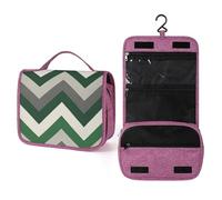 Geometric Pattern Alternating Stripes Forest Green Travel Toiletry Bag for Women,Hanging Makeup Organizer with Hook for Shampoo
