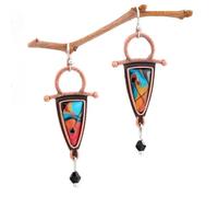 Geometric Pattern Drop Earrings, Unique Red & Blue Crystal Dangle Earrings for Women - Artistic Statement Jewelry