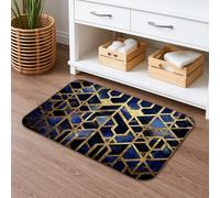 Geometric Pattern Quick Dry Bath Mat, Elegant Navy Blue Gold Absorbent Non Slip Shower Mat, Modern Flannel Washable Bath Rugs for Bathroom Toilet Restroom Decorative 20x32 Inch
