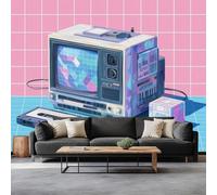 Geometric Pattern Retro Tv Wall Murals, Pink Large Mural Wallpaper Poster Picture - Non-Woven Premium Art Print Photo Wallpaper for Bedroom Living Room Room Decoration W300 x H210 cm