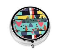 Geometric Patterns Round mini Pill Box, Lightweight and Portable, with 3 Plastic Inserts, Suitable for Carrying in Pockets or Wallets.