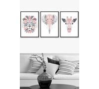 Geometric Pink Grey Jungle Animal Heads Framed Wall Art - Large ARTZE Black W53cm x H73cm x D20mm