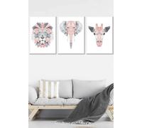 Geometric Pink Grey Jungle Animal Heads Framed Wall Art - Large ARTZE White W53cm x H73cm x D20mm