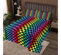Geometric Plaids Kids Bedspread Double Size,Abstract Checkerboard Patchwork Coverlet Set,Girls Boys Room Decor,Grid Checkered Quilted Coverlet,Rainbow Bedding Quilt,2 Pillowcases