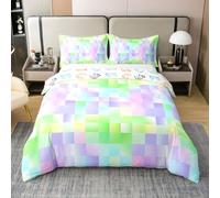 Geometric Plaids Patchwork Duvet Cover Set Double Size 100% Cotton,Abstract Checkerboard Check Kids Bedding Set,Grid Latticed Modern Room Decor,Purple Green Quilt Cover,2 Pillowcases(No Filler)