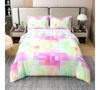 Geometric Plaids Patchwork Girls Bedding Set Single Size 100% Cotton, Abstract Grids Checkerboard Bedding Set,Checkered Latticed Modern Room Decor,Green Pink Quilt Cover,1 Pillowcase(No Filler)