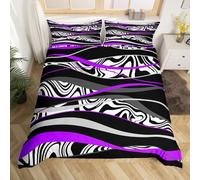 Geometric Purple Duvet Cover Set Double Size, Black White Grey Stripe Bedding Set 3pcs for Kids Girl Bedroom Decor, Modern abstract Comforter Cover Soft Polyester Quilt Cover with 2 Pillowcases