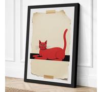 Geometric Red Cat Minimalist Canvas Wall Art Print 36x24 Inch