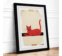 Geometric Red Cat Minimalist Framed Wall Art Print A1 (84.1×59.4cm) Black, Wall Decor for Living Room, Bedroom, Office & Home, Ready to Hang, Art Gift