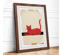 Geometric Red Cat Minimalist Framed Wall Art Print A3 (42×29.7cm) Walnut, Wall Decor for Living Room, Bedroom, Office & Home, Ready to Hang, Art Gift