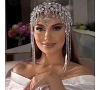 Geometric Rhinestone Headpiece Forehead Chain for Women Roaring Gatsby Crystal Tassel Pendant Headband Bridal Head Accessory (Silver)