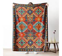Geometric Rhombus Blankets for Couch, Orange Vintage Ethnic Fleece Blanket 60"x80" Warm Soft, Tribal Farmhouse Throw Blankets for Bed Cozy Lightweight Blanket for Fall Spring Summer Winter