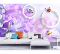 Geometric Round Purple Flower Butterfly 3D Wallpaper Easy Install Feature Office Living Room Sofa Bedroom TV Background Wall Decoration-400cm×280cm