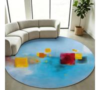 Geometric Round Rug 180 cm, Non-Slip Blue Square Block Area Carpet | Underfloor Heating Safe Circular Carpet, 30℃ Machine Washable Trip-Free Flat Weave Area Mat for Dining Room & Office