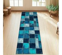Geometric Runner Rug, Modern Contemporary Square Rectangle None Teal Non-Slip Edge Binding Home Rectangle Carpet for Kitchen Bedside Entryway Hallway Decor 2x5 Ft