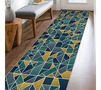 Geometric Runner Rug, Modern Contemporary Triangles Squares None Teal Low Pile Aesthetic Rectangle Home Floor Carpet for Kitchen Bedside Entryway Hallway Decor 2x8 Ft