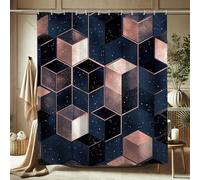 Geometric Shower Curtain, Navy Blue and Rose Gold Cube Shower Curtain for Bathroom Decor, Modern Fall Winter Aesthetic Waterproof Fabric Shower Curtain Set with Hooks 62x72 Inch