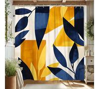 Geometric Shower Curtain, Navy Blue Yellow Leaf Print Bath Curtain for Bathroom Decor, Modern Minimalistic Spring Summer Waterproof Fabric Shower Curtain Set with Hooks 62x72 Inch