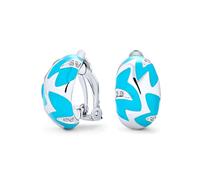 Geometric Simulated Turquoise Blue Enamel Zig Zag Half Hoop Clip On Earrings For Women Silver Plated Brass