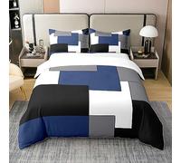 Geometric Square 100% Cotton Duvet Cover,Navy Grey White Black Bedding,Abstract Geometric Grid Lines Stripes Comforter Cover Home Room Decor,Modern Graphic Artwork Bed Sets with 2 Pillowcases,Double