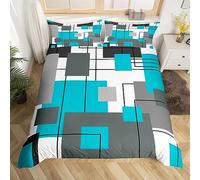 Geometric Square Duvet Cover Single Teal Grey Bedding Set Black Gray Turquoise Comforter Cover for Kids Teen Adults Modern Abstract Lines Bed Set Rustic Farmhouse Room Decor 1 Pillow Case