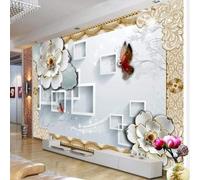 Geometric Square Embossed White Flower Butterfly 3D Wallpaper Silky Texture Home Study Office Grey Dining Room Sofa Bedroom Living Room TV Backdrop-350cm×256cm