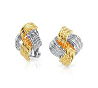 Geometric Square Two Tone Rope Cable Love Knot Clip On Earrings For Women Non Pierced Ears Gold Silver Plated Brass