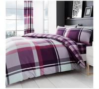Geometric Stripe Check Single Duvet Cover Set - Breathable Reversible Plaid Tartan Bedding Sets With Pillow Covers - Purple