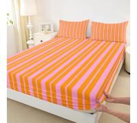 Geometric Stripe Kids Single Size Fitted Sheet,Y2K Retro Lines Classic Boys Girls Bed Sheet,Modern Simple Art Abstract Room Decor,Pink Orange Bedding Set,1 Pillowcase(No Flat)