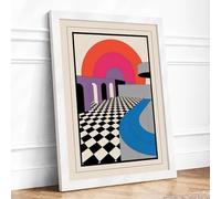 Geometric Sunset City Art Deco Framed Wall Art Print A2 (59.4×42cm) White, Wall Decor for Living Room, Bedroom, Office & Home, Ready to Hang, Art Gift