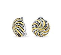 Geometric Swirl Two Tone Round Button Disc Clip On Earrings Non Pierced Ears Black Oxidized Sliver Gold Plated Brass