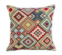 Geometric Tapestry Double Sided Cushion Cover. Multicoloured Red Blue Green Yellow Triangular Aztec Patten. 17"x17" Square Pillow Case. Kilim Style Fabric