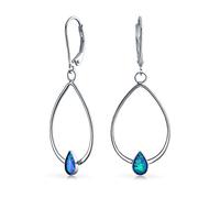 Geometric Thin Created Blue Opal Accent Lever back Open Oval Hoop Dangle Earrings For Women Sterling Silver