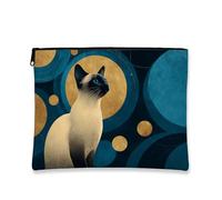 Geometric Travel Makeup Bag, Siamese Cat Retro Art Cosmetic Storage Pouch for Women, Portable Canvas Zipper Organizer, Holiday Winter Festival Gift, blue, 7x9 Inch, Cat