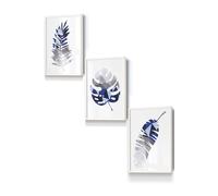 Geometric Tropical Leaves In Navy Blue Grey Framed Wall Art - Small ARTZE White W33cm x H45cm x D20mm