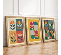 Geometric Tulip Triptych Mid-Century Set of 3 Framed Wall Art Prints A4