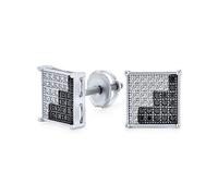 Geometric Two Tone Black White Zig Zag Square Micro Pave Cubic Zirconia CZ Stud Earrings For Men .925 Sterling Silver 9MM