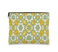 Geometric Vintage Cosmetic Bag, Green and Yellow Star Pattern Travel Pouch for Women, Portable Canvas Zipper Organizer, Summer Skincare Toiletry Bag, Green, 7x9 Inch, Cosmetic
