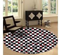 Geometric Washable Carpet 120 cm Anti-slip Round Rug, Black and White Checkered Hearts Stripes Non-slip Area Rug for Living Room - Low-Pile Circle Carpet for Dining Room Table Kitchen Laundry Playroom
