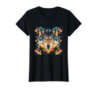 Geometric Wolf Face Colorful Low Poly Animal Art Value Graphic T-Shirt, Women, Black, L