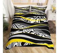Geometric Yellow Duvet Cover Set Double Size, Black White Grey Stripe Comforter Cover with 2 Pillowcases, Modern abstract Bedding Set 3pcs for Kids Girls Room Decor Lightweight Bedspread Cover