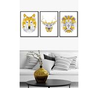 Geometric Yellow Grey Animal Heads Framed Wall Art - Large ARTZE Black W53cm x H73cm x D20mm