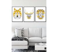 Geometric Yellow Grey Animal Heads Framed Wall Art - Large ARTZE Dark Grey W53cm x H73cm x D20mm
