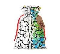 Geometry Brain Image with Science Printed Christmas Drawstring Bags with Red Christmas Ribbon - Reusable Burlap Drawstring Gift Pouches, M
