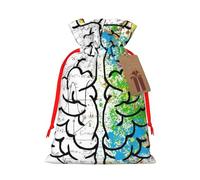 Geometry Brain Image with Science Printed Christmas Drawstring Bags with Red Ribbon - Reusable Burlap Drawstring Gift Pouches, M